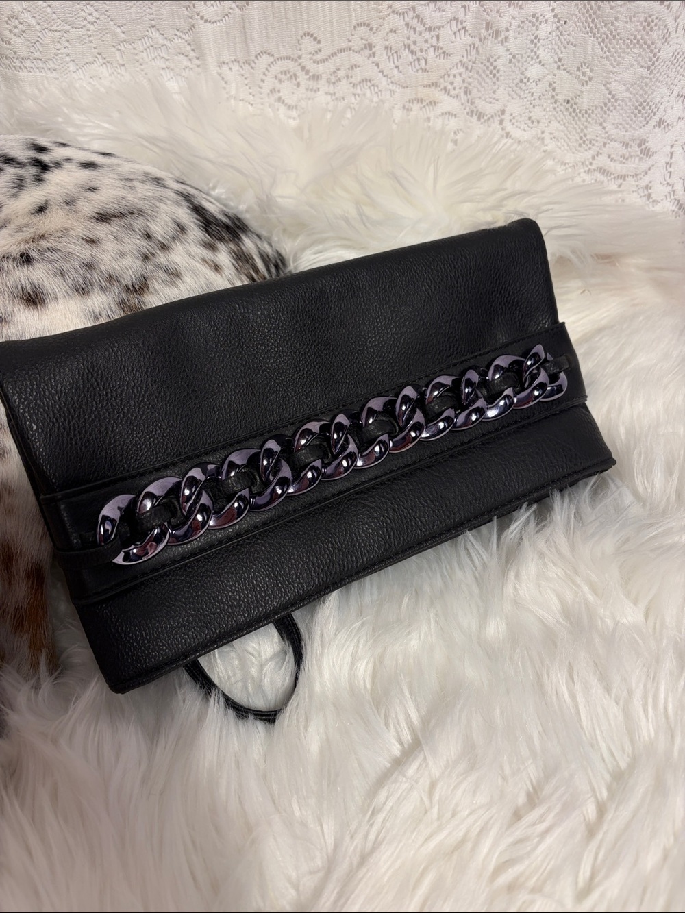 Source Unknown Black Foldover Clutch with Chain Accent